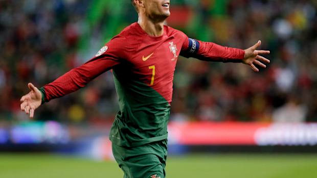 Cristiano Ronaldo pictured celebrating after scoring for Portugal against Liechtenstein in March 2023
